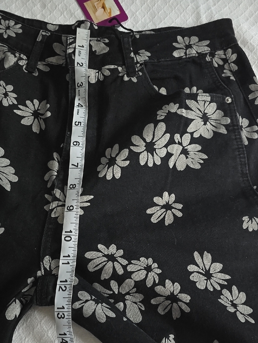 Floral Wide-Leg Denim Pants - Black with Light Blue Print - Picture 10 of 13